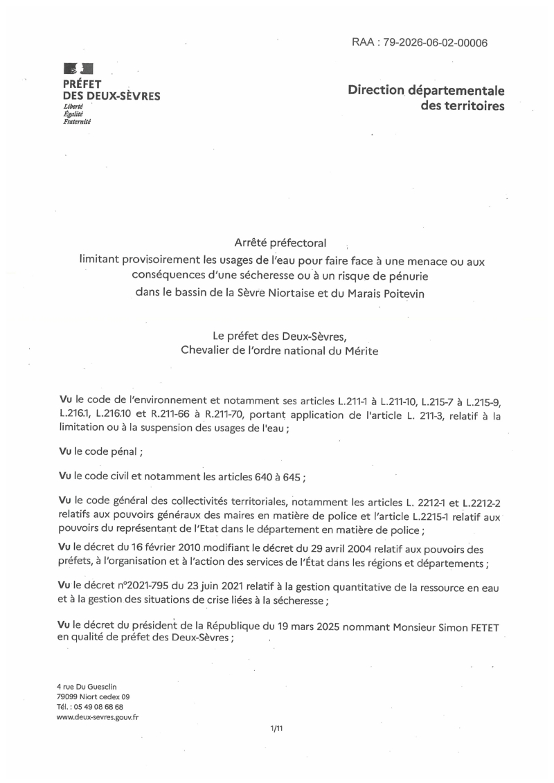 ARRETE PREFECTORAL LIMITANT USAGES DE L'EAU