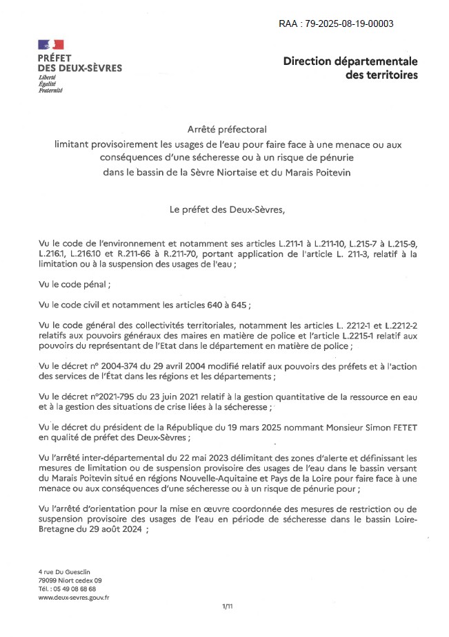 Arrêté préfectoral - Limitation provisoire pour l'usage de l'eau