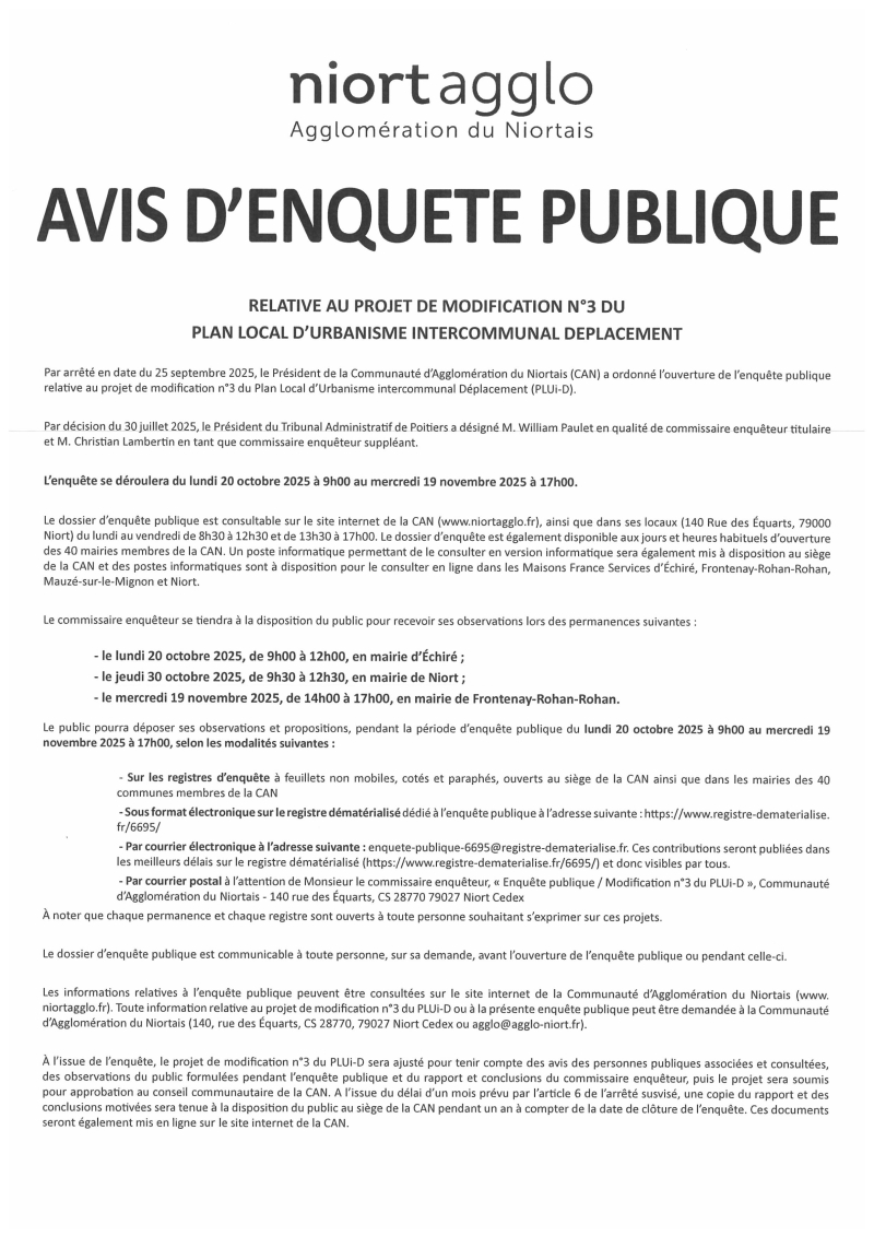 PLUI-D/ Modification n°3 /AVIS D'ENQUETE PUBLIQUE